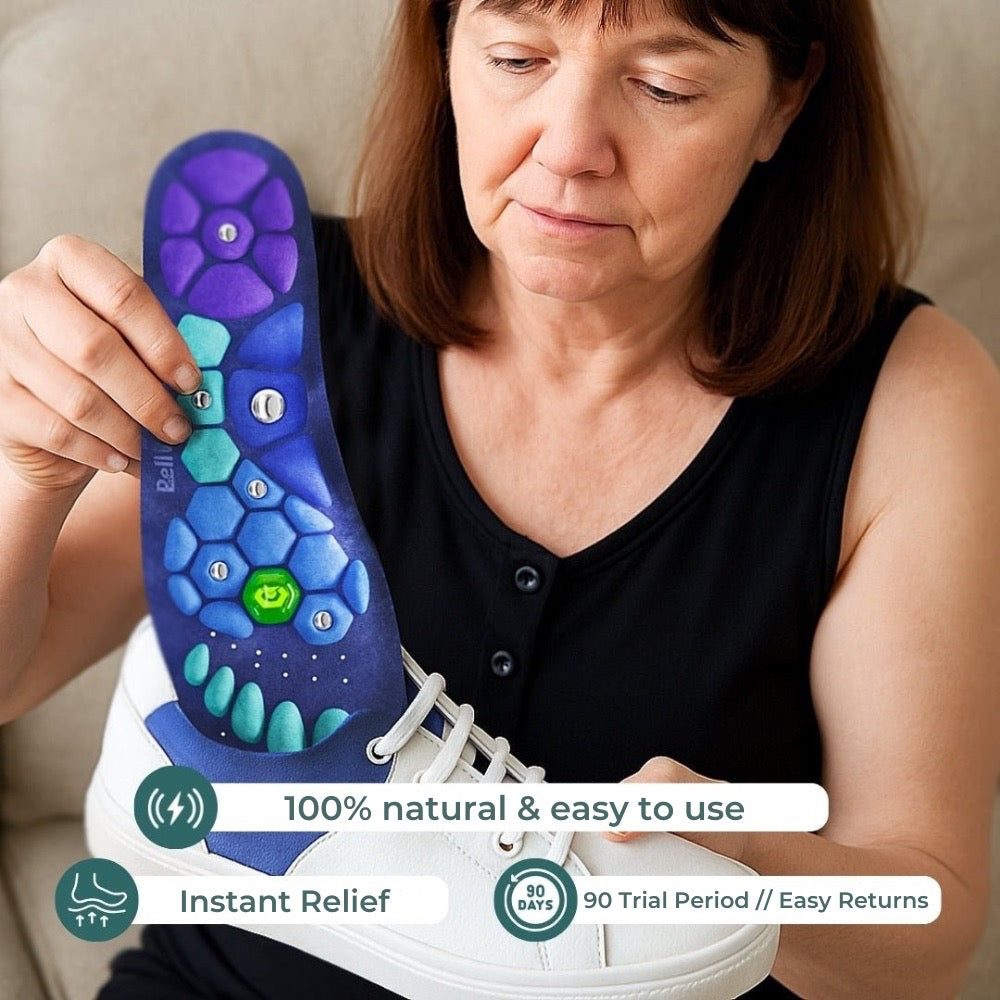 Woman holding a blue shoe insole with text about its features.