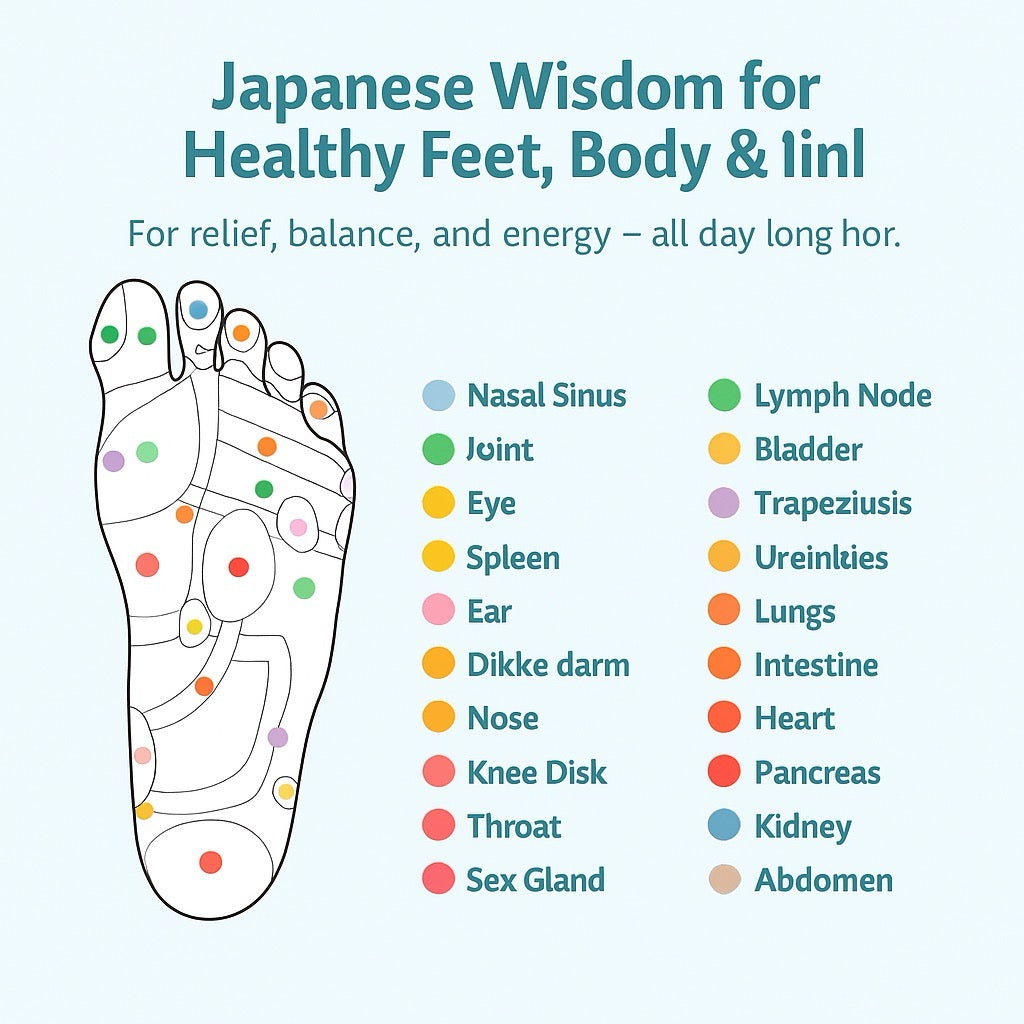 Map of a foot with acupressure points labeled for various body parts, to show the work of insoles.