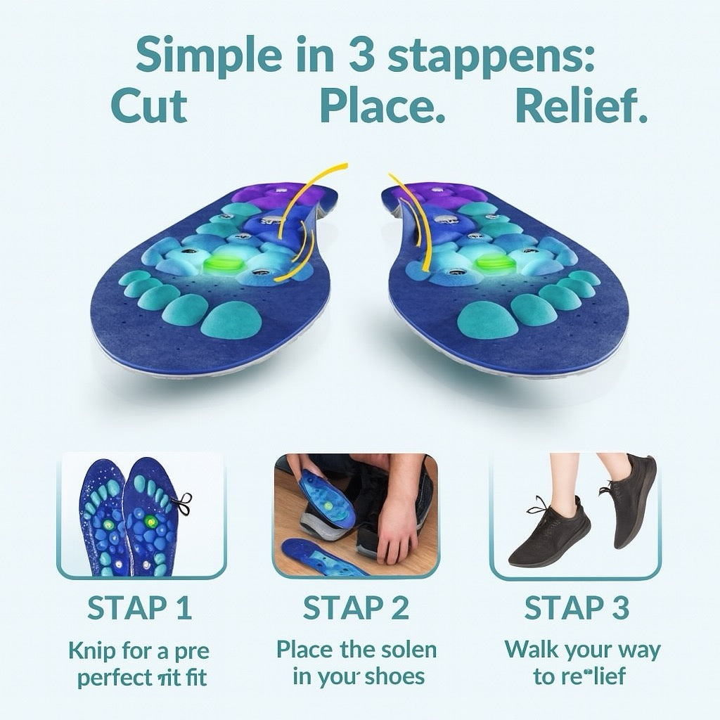 Easy instructions for using shoe Insoles with steps labeled 'Cut', 'Place', and 'Relief'.