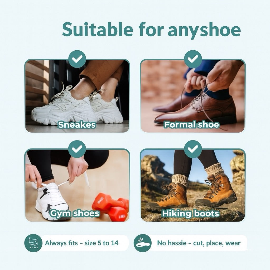 Product advertisement showing various shoes with text indicating suitability for different types of shoes.