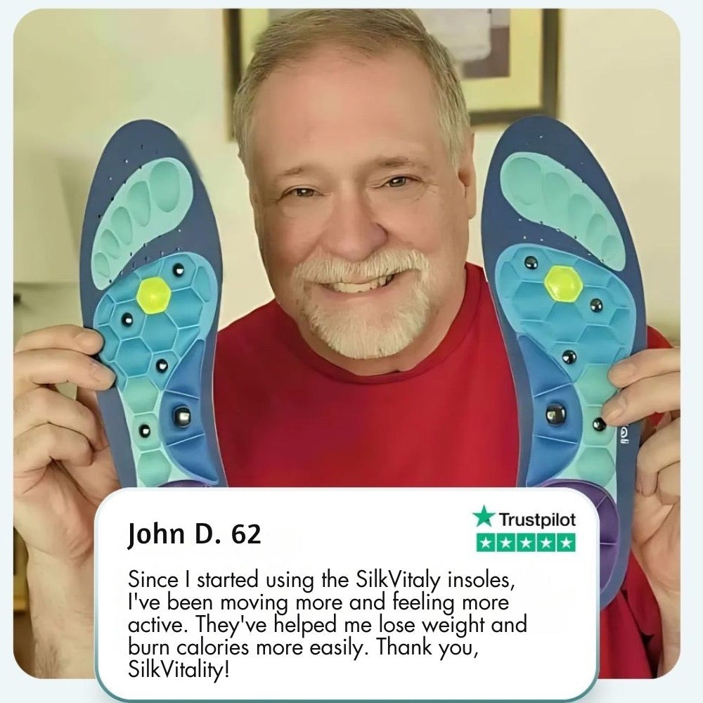 Man holding up blue insoles with a Trustpilot testimonial overlay